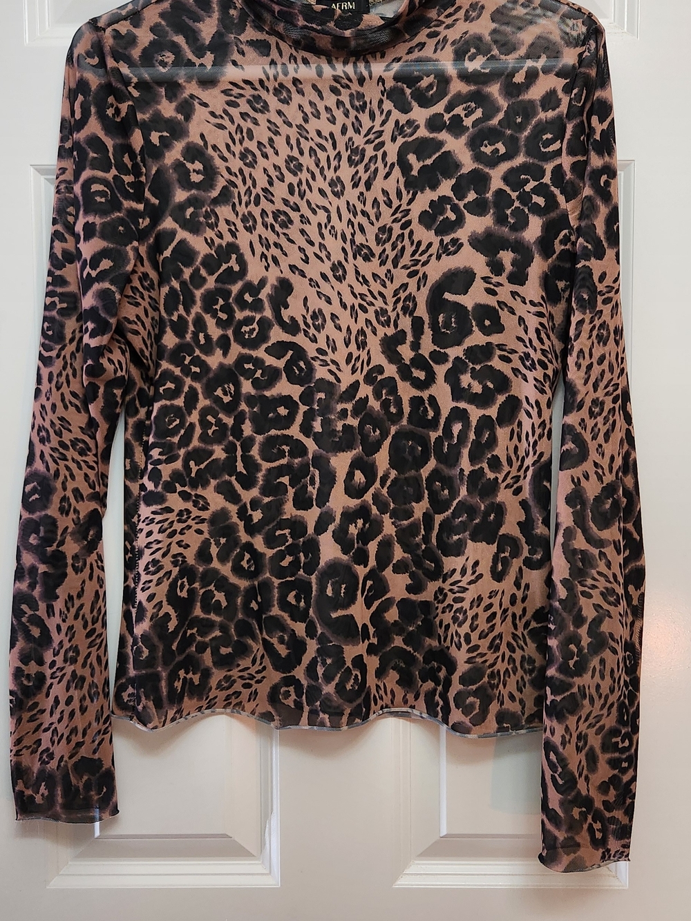 AFRM. A.L.C. Leopard Print Long Sleeve Mesh Top - Brown/Black, Cowel Neck.